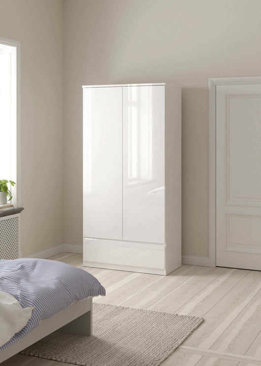 Guardaroba 2 ante Kab, Mobile camera da letto, Cabina armadio portabiti, Armadio appendiabiti, 99x50 h201 cm, Bianco lucido