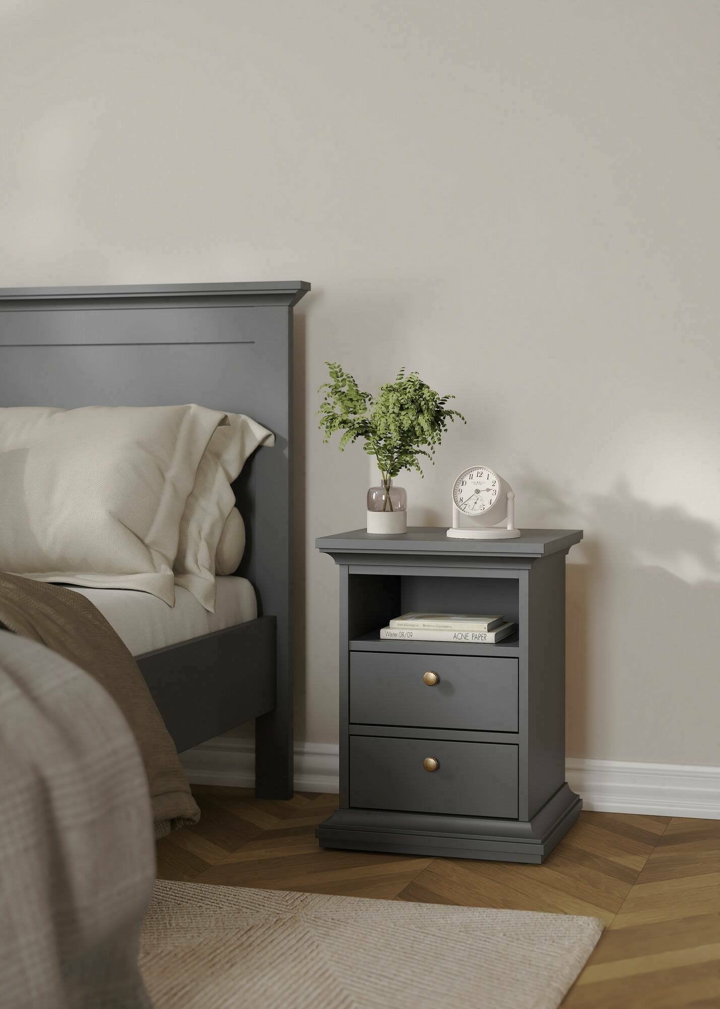 Comodino Alichin, Comò basso, Tavolino da notte, Mensola da letto, 44x40 h59 cm, Grigio