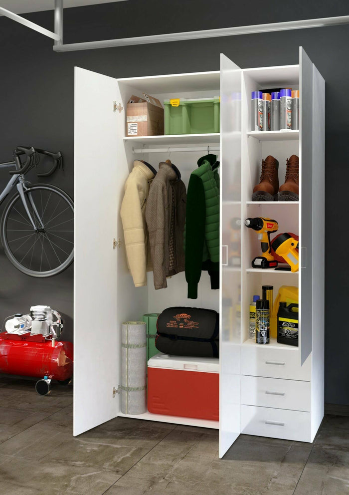 Guardaroba 3 ante Aquilone, Mobile camera da letto, Cabina armadio portabiti, Armadio appendiabiti, 116x50 h200 cm, Bianco lucido