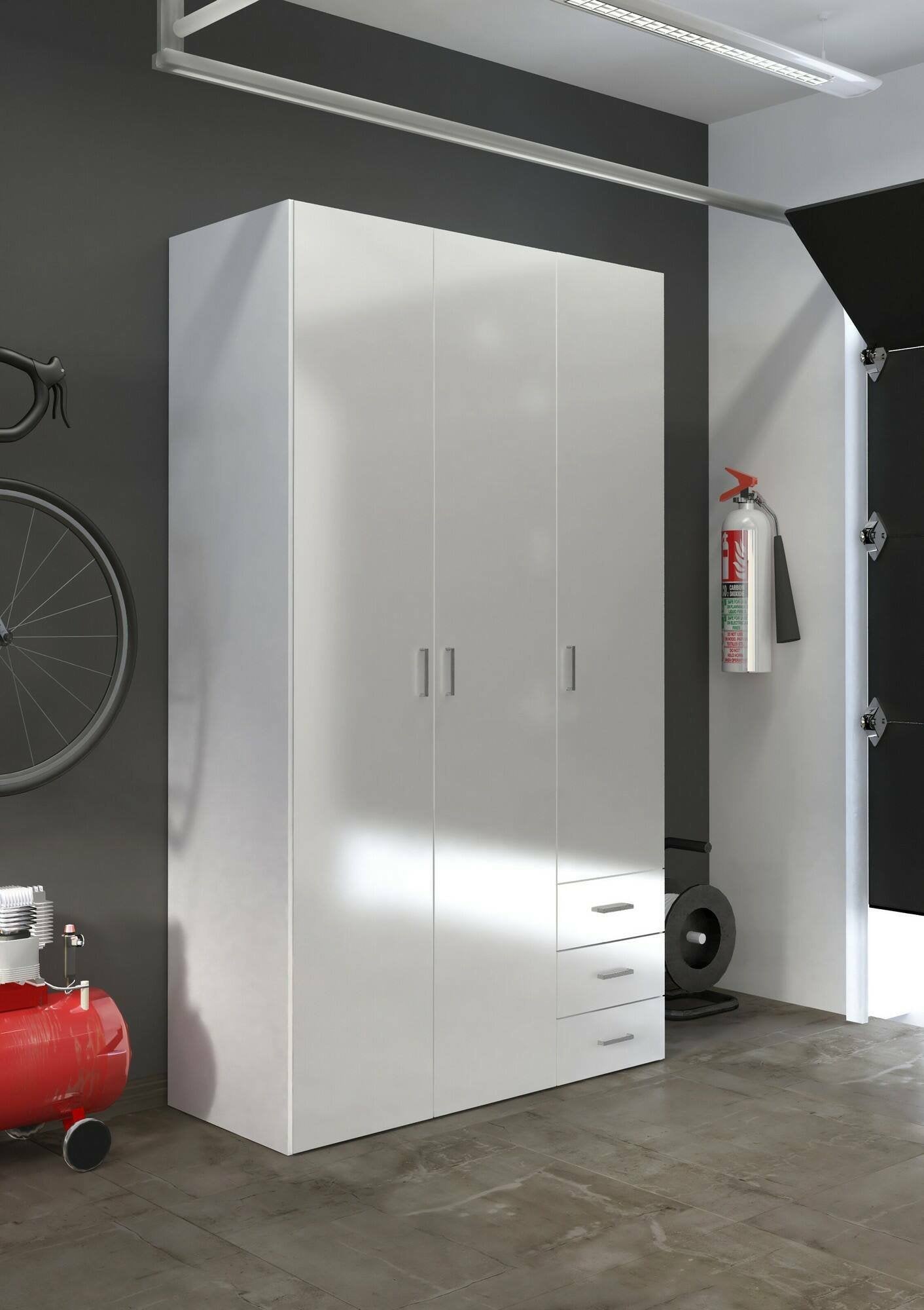 Guardaroba 3 ante Aquilone, Mobile camera da letto, Cabina armadio portabiti, Armadio appendiabiti, 116x50 h200 cm, Bianco lucido