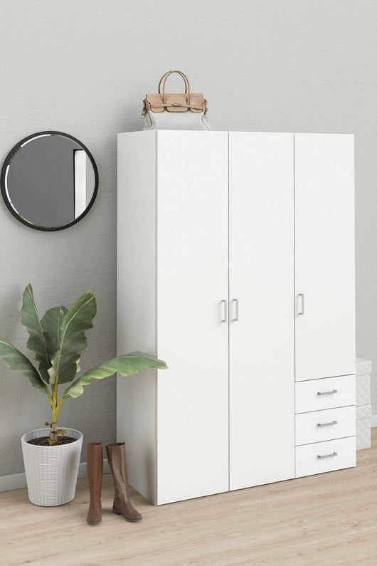 Armadio guardaroba a tre ante battenti e tre Arley, colore bianco, Misure 115 x 175 x 49 cm