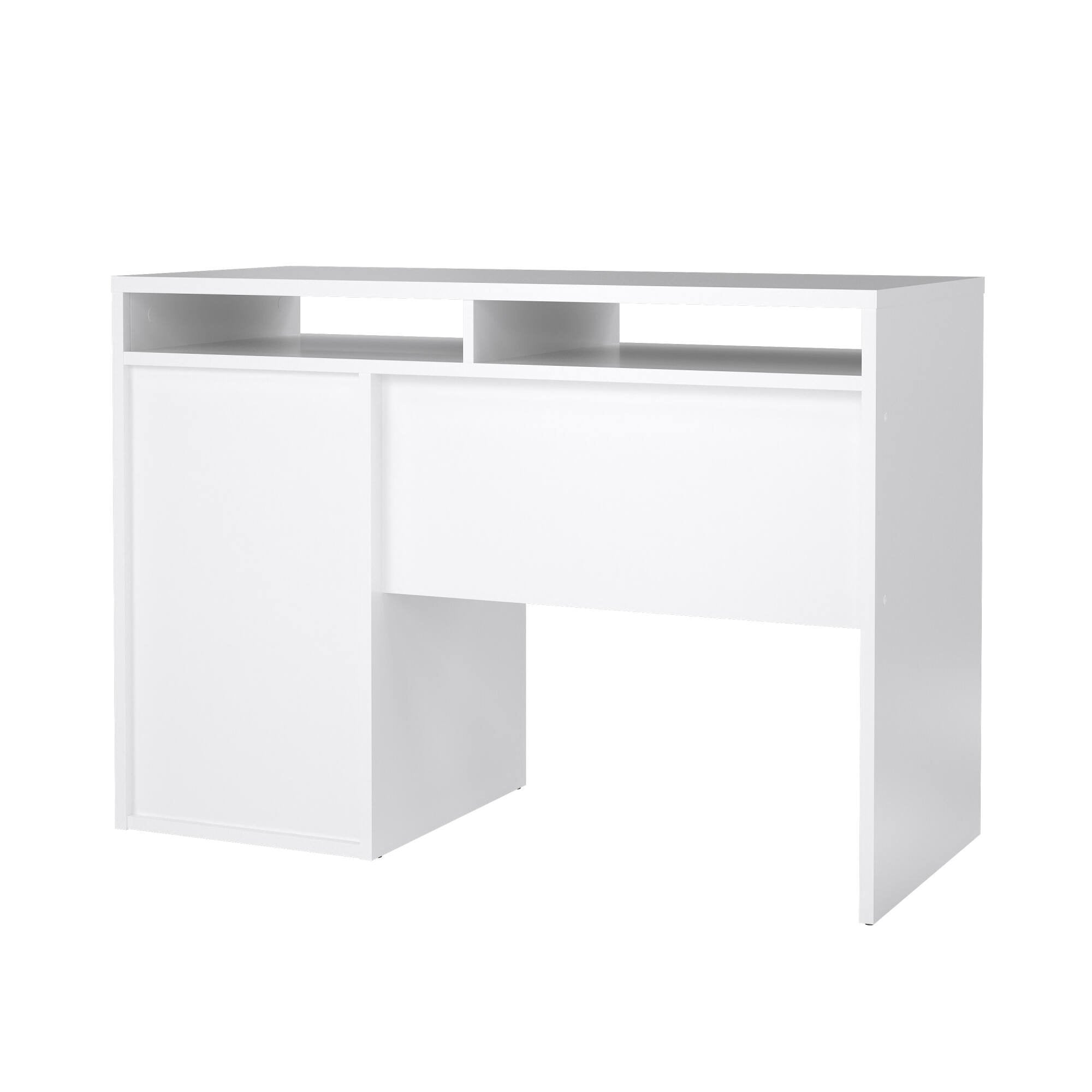 Scrivania Abbadu, Scrittoio multiuso, Tavolo per ufficio porta PC, Piano di lavoro, 110x48 h77 cm, Bianco lucido