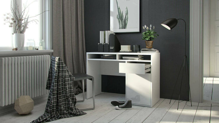 Scrivania Abbadu, Scrittoio multiuso, Tavolo per ufficio porta PC, Piano di lavoro, 110x48 h77 cm, Bianco lucido