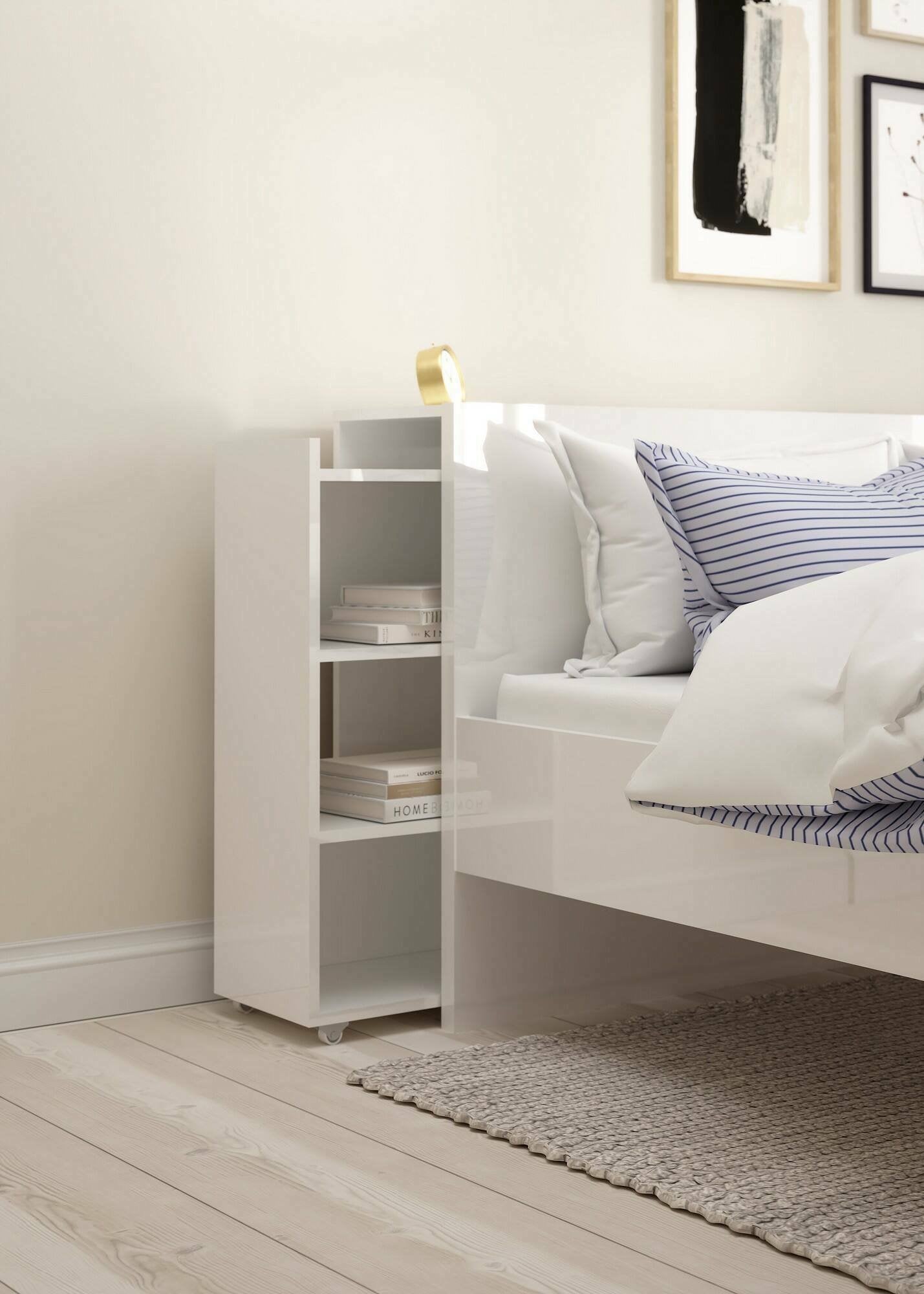 Testiera per letto con uno scaffale per Peridoto, colore bianco lucido, cm 144 x 79 x 28