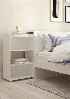 Testiera per letto con uno scaffale per Peridoto, colore bianco lucido, cm 144 x 79 x 28