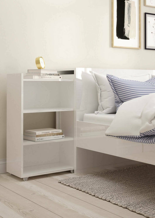 Testiera per letto con uno scaffale per Peridoto, colore bianco lucido, cm 144 x 79 x 28