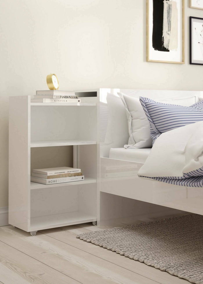 Testiera per letto con uno scaffale per Peridoto, colore bianco lucido, cm 144 x 79 x 28