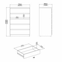 Cassettiera a cinque Ansel, colore bianco lucido, Misure 77 x 113 x 50 cm