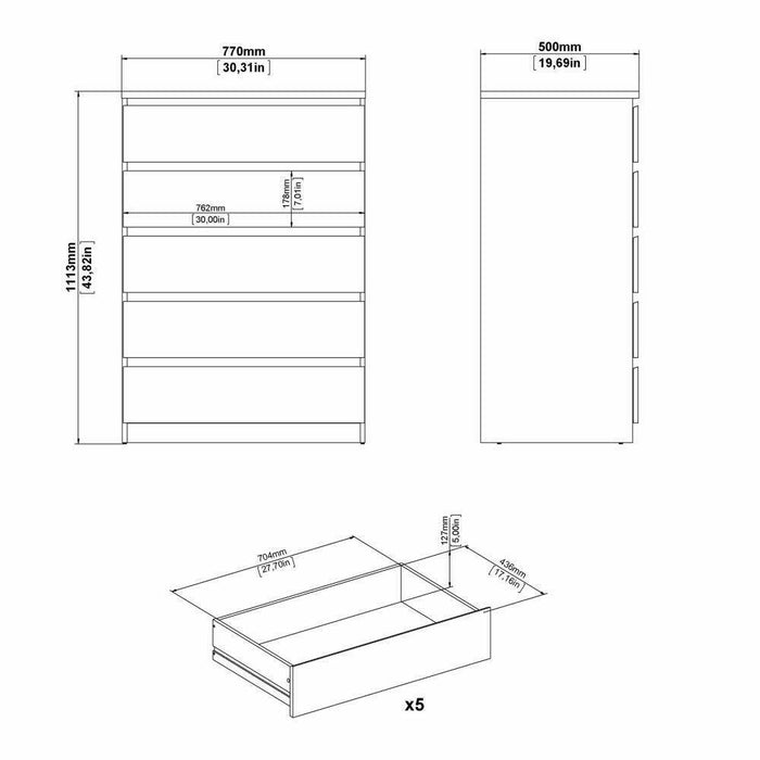 Cassettiera a cinque Ansel, colore bianco lucido, Misure 77 x 113 x 50 cm