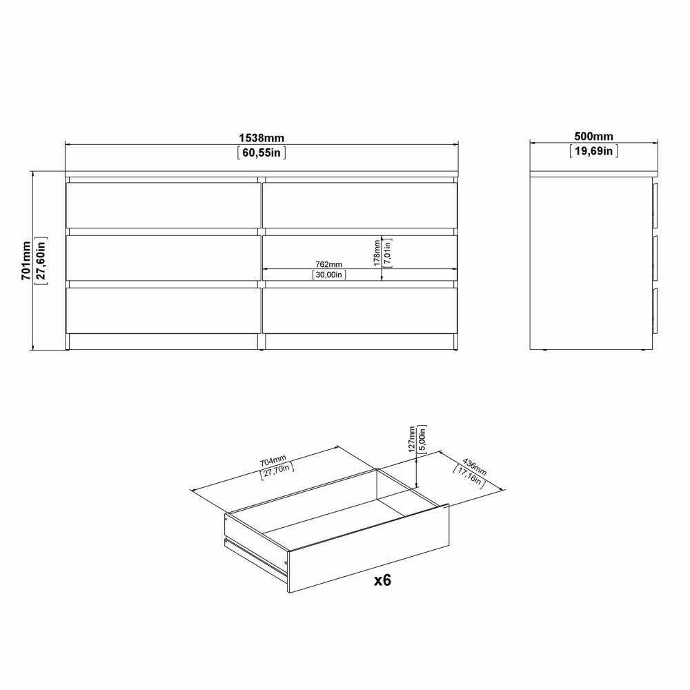 Cassettiera a sei Abacadabra, colore bianco lucido, cm 153 x 70 x 50