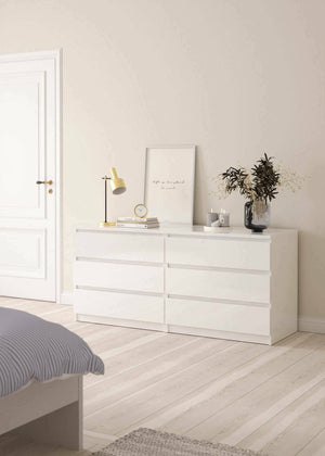 Cassettiera a sei Abacadabra, colore bianco lucido, cm 153 x 70 x 50