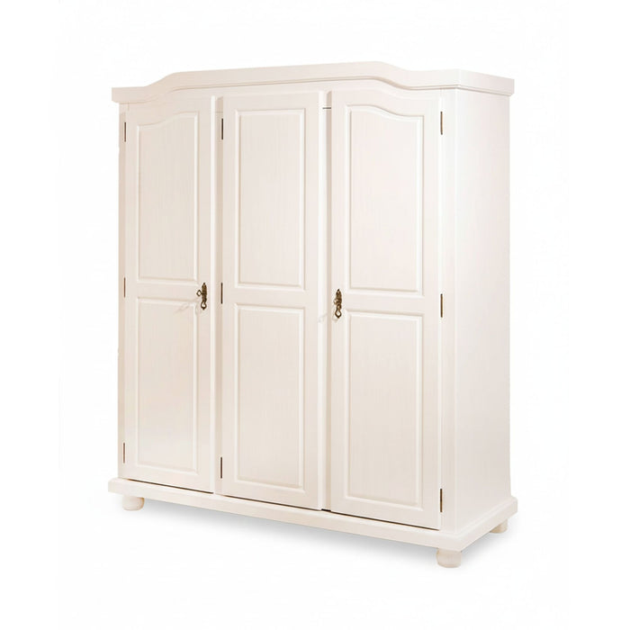 Armadio a tre ante battenti con ripiani interni in pino Dfleetwoo, colore bianco, cm 150 x 180 x 56.