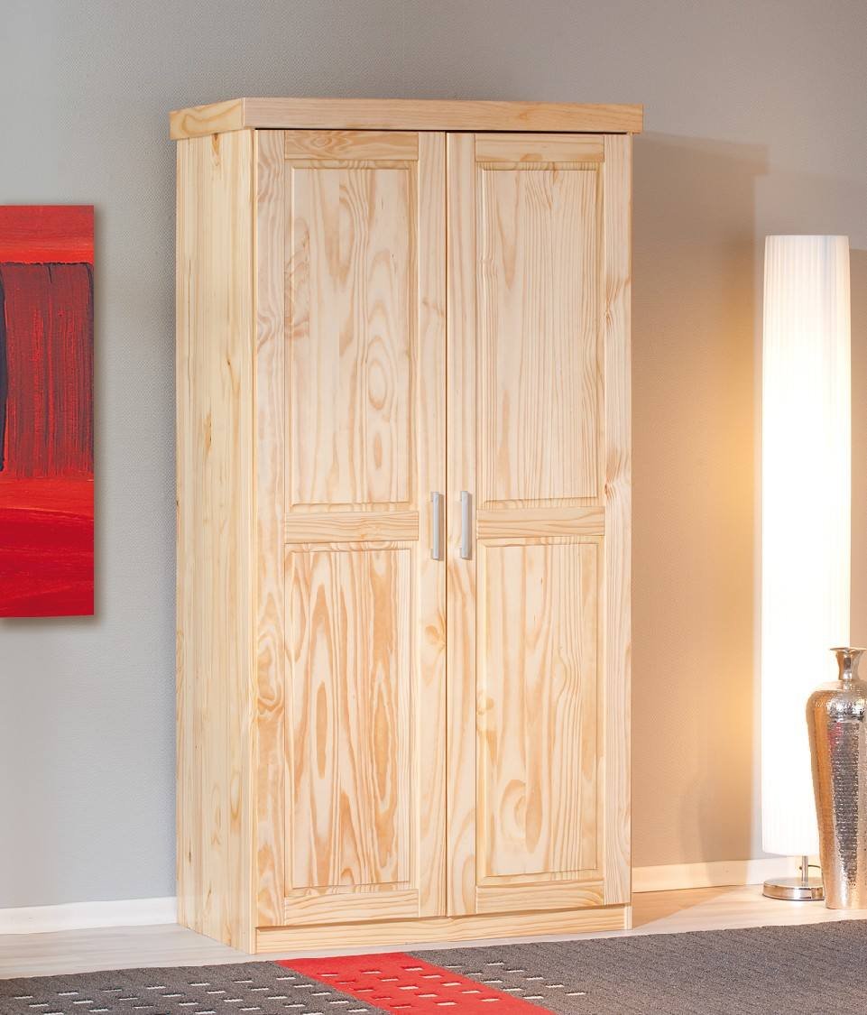 Armadio a due ante in pino massello con finitura Daber, colore rovere, cm 95 x 190 x 55.