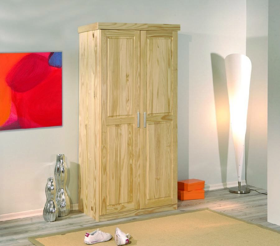 Armadio a due ante in pino massello con finitura Daber, colore rovere, cm 95 x 190 x 55.