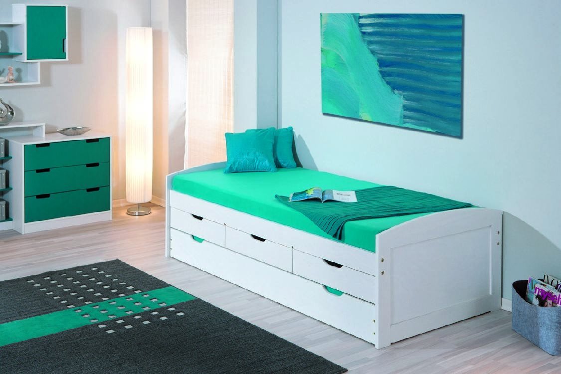 Letto singolo con letto estraibile inferiore e tre Dchapma, colore bianco, cm 98 x 63 x 195