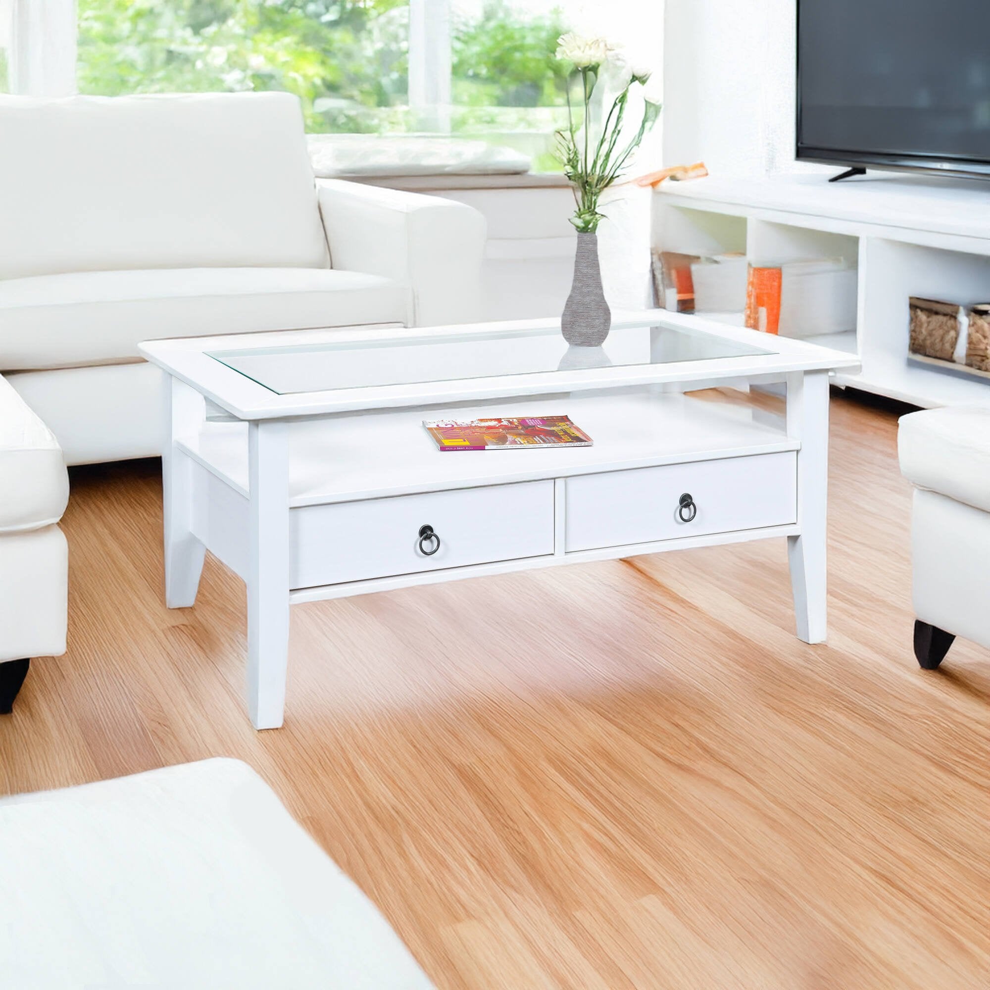 Dembii, Tavolino da Salotto 2 Cassetti, 60x115x45h cm Bianco