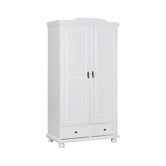 Armadio a due ante e due cassetti con finitura in pino Dclar, colore bianco, cm 104 x 200 x 56.