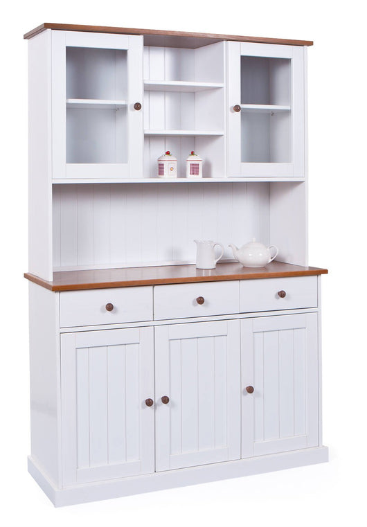 Credenza a tre ante e tre cassetti con vetrinetta Dhodge, colore bianco con dettagli marrone, cm 131 x 181 x 45