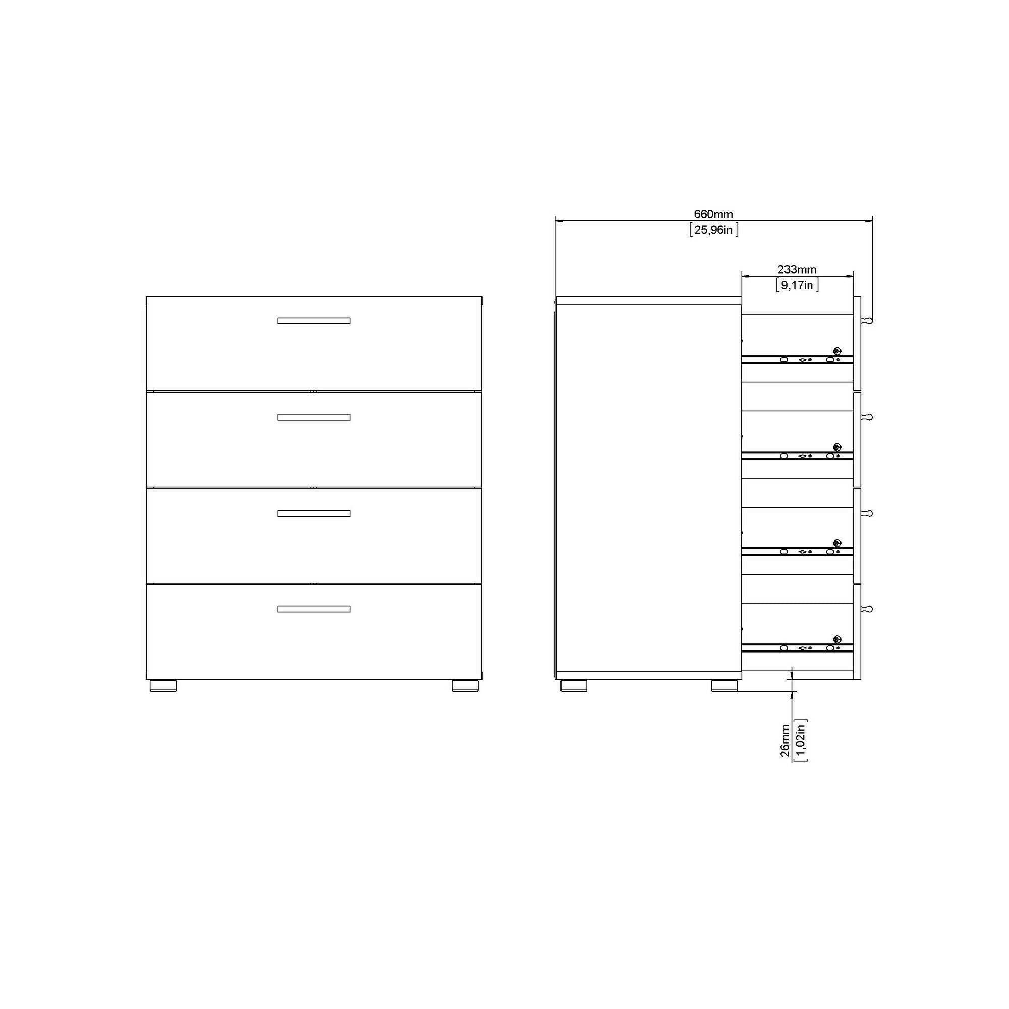 Cassettiera a quattro Aramis, colore bianco, cm 70 x 82 x 40