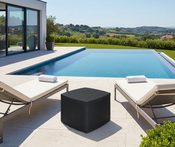 Tavolino da esterno Akane, Tavolino contenitore, Tavolo basso effetto rattan, 100% Made in Italy, Cm 53x53h40, Antracite