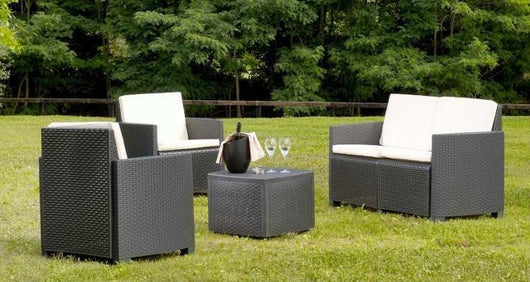 Set salotto da esterno Bacco, Set da giardino con 2 poltrone, 1 divano e 1 tavolino, Salottino indoor, 100% Made in Italy, Cm 128x67h77, Antracite
