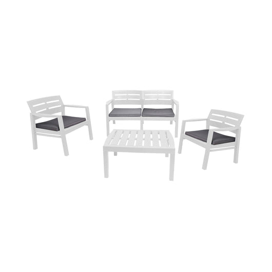 Set salotto da esterno Arti, Set da giardino con cuscini composto da 2 poltrone, 1 divano e 1 tavolino, Salottino indoor, 100% Made in Italy, Cm 133x65h75, Bianco