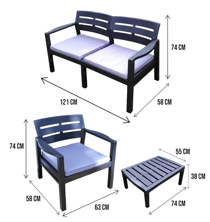 Set salotto da esterno Arti, Set da giardino con cuscini composto da 2 poltrone, 1 divano e 1 tavolino, Salottino indoor, 100% Made in Italy, Cm 133x65h75, Antracite