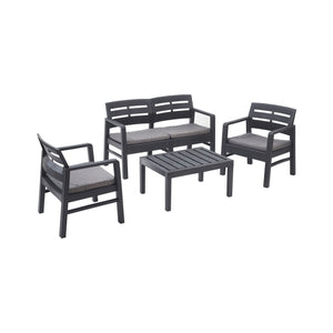 Set salotto da esterno Arti, Set da giardino con cuscini composto da 2 poltrone, 1 divano e 1 tavolino, Salottino indoor, 100% Made in Italy, Cm 133x65h75, Antracite
