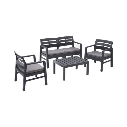 Set salotto da esterno Arti, Set da giardino con cuscini composto da 2 poltrone, 1 divano e 1 tavolino, Salottino indoor, 100% Made in Italy, Cm 133x65h75, Antracite