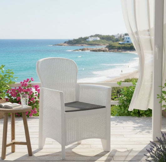 Sedia da esterno Amilton, Seduta da giardino, Poltrona outdoor effetto rattan, 100 % Made in Italy, Cm 60x58h89, Bianco