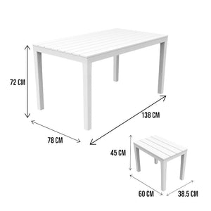 Set salotto da esterno Asta, Set da giardino composto da 4 panchine e 1 tavolo da pic nic, Salottino indoor, 100% Made in Italy, Cm 138x78h72, Bianco