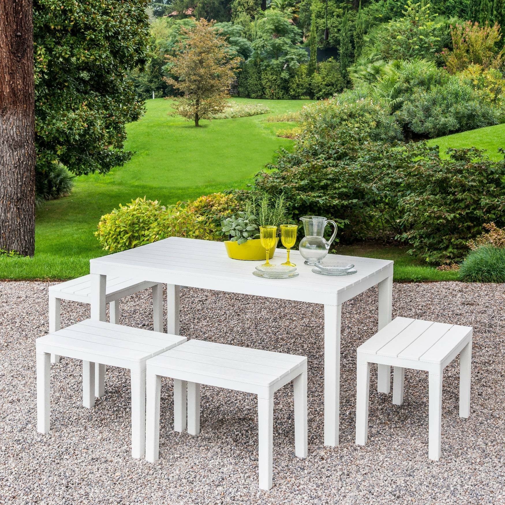 Set salotto da esterno Asta, Set da giardino composto da 4 panchine e 1 tavolo da pic nic, Salottino indoor, 100% Made in Italy, Cm 138x78h72, Bianco