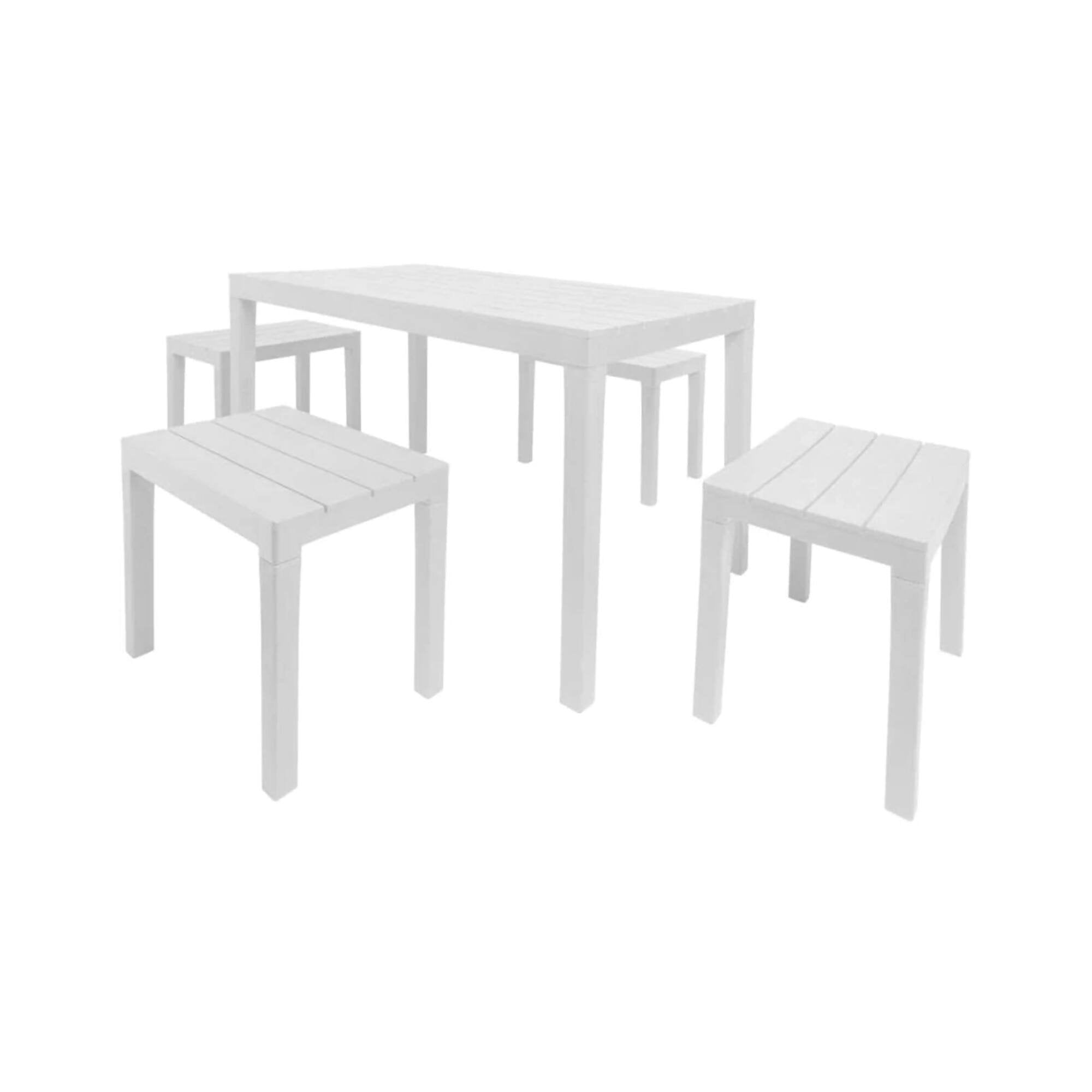 Set salotto da esterno Asta, Set da giardino composto da 4 panchine e 1 tavolo da pic nic, Salottino indoor, 100% Made in Italy, Cm 138x78h72, Bianco