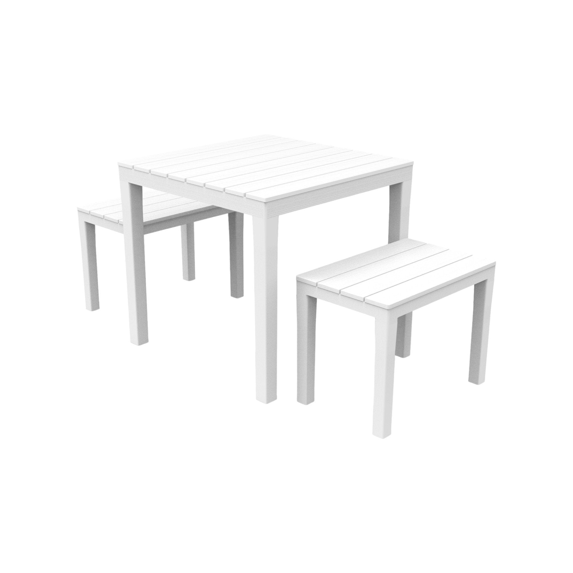 Set salotto da esterno Alambico, Set composto da 1 tavolo quadrato 2 panche, Set da Pik Nik, 100% Made in Italy, Bianco