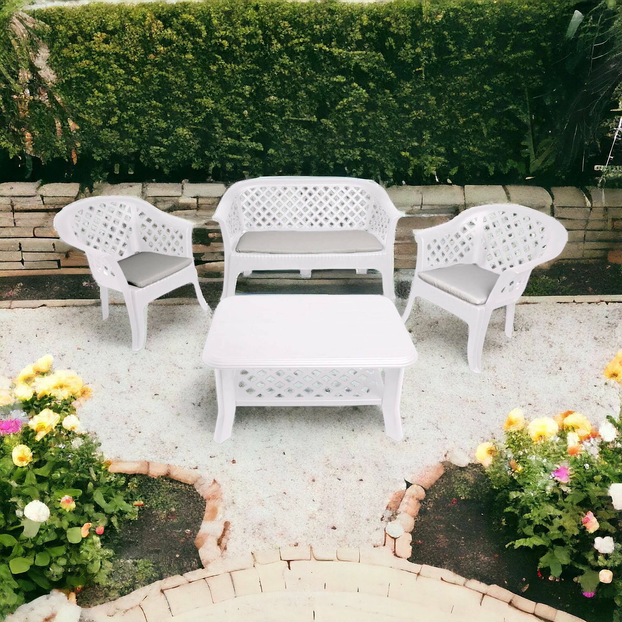 Set salotto da esterno Adone, Set da giardino con 2 sedie, 1 panchina e 1 tavolino, Salottino indoor effetto rattan, 100% Made in Italy, Cm 134x72h76, Bianco