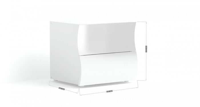 Comodino ondulato moderno a 2 Thanatos, Made in Italy, Tavolino da notte, Mobiletto per camera da letto, cm 50x40h41, colore Bianco lucido