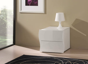 Comodino ondulato moderno a 2 Thanatos, Made in Italy, Tavolino da notte, Mobiletto per camera da letto, cm 50x40h41, colore Bianco lucido