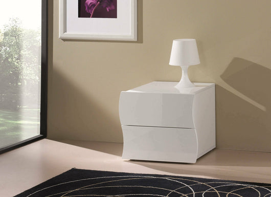 Comodino ondulato moderno a 2 Thanatos, Made in Italy, Tavolino da notte, Mobiletto per camera da letto, cm 50x40h41, colore Bianco lucido