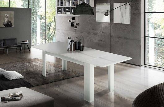 Tavolo per sala da pranzo Agenore, Made in Italy, Tavolo moderno con allunghe, Consolle allungabile, cm 160/210x90h75, Bianco lucido Larice