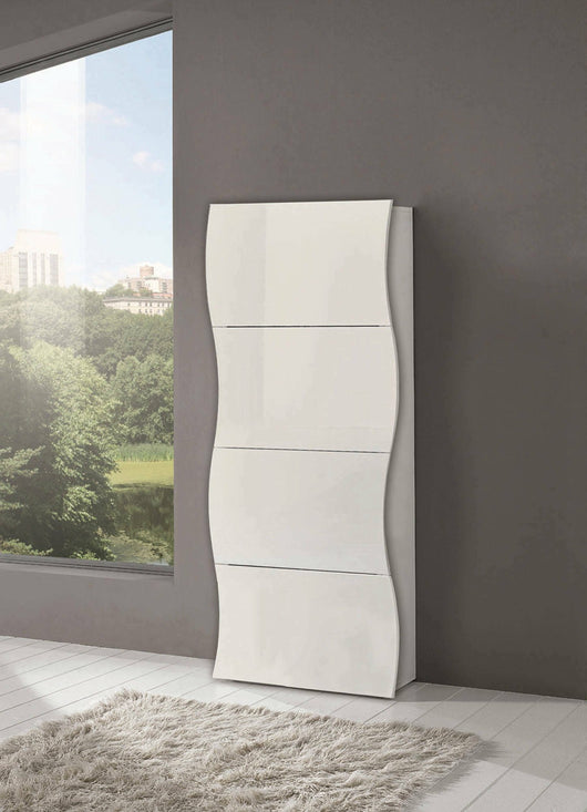Scarpiera Adaz, Made in Italy, Mobile Portascarpe da ingresso, a 4 ante a ribalta, cm 71x27h162, Bianco lucido