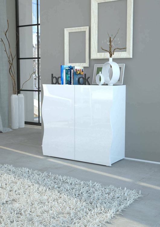 Credenza Anifares, Madia di design Mobile a 2 ante, Made in Italy, Mobile Porta TV, Buffet da soggiorno, cm 90x40h81, colore Bianco lucido