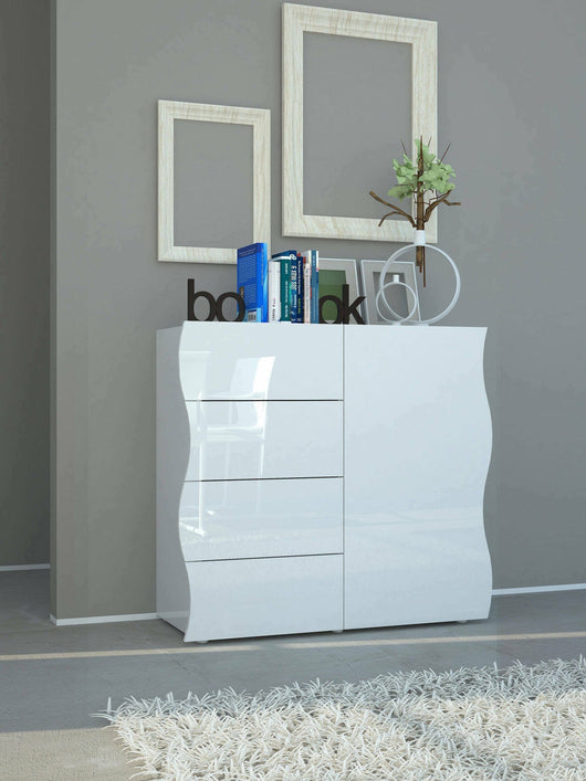 Credenza Abig, Madia di design, a 1 anta e 4 cassetti, Made in Italy, Mobile Porta TV, Buffet da soggiorno, cm 90x40h81, colore Bianco lucido