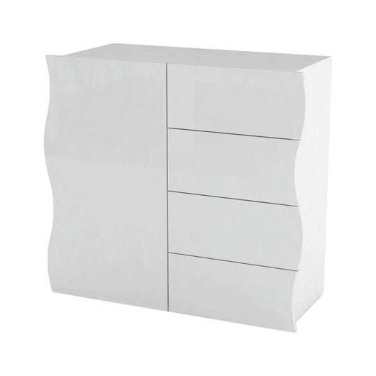 Credenza Abig, Madia di design, a 1 anta e 4 cassetti, Made in Italy, Mobile Porta TV, Buffet da soggiorno, cm 90x40h81, colore Bianco lucido