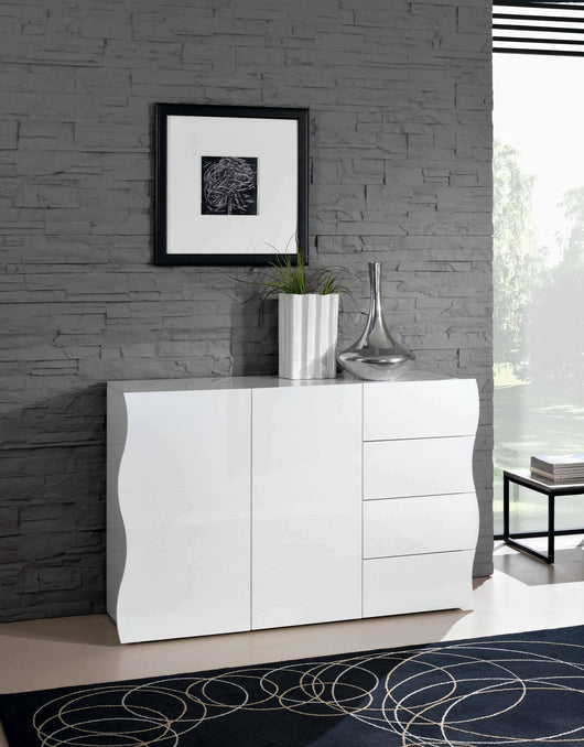Credenza Aksa, Madia di design a 2 ante e 4 cassetti, Made in Italy, Mobile Porta TV, Buffet da soggiorno, cm 124x40h81, colore Bianco lucido