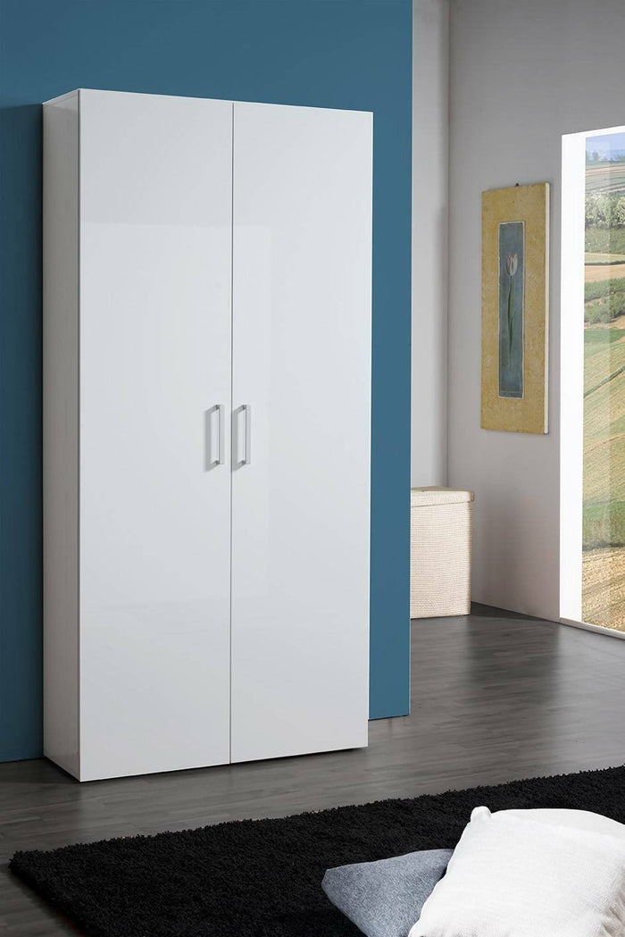Scarpiera Actra, Made in Italy, a 2 ante e scaffali interni, Portascarpe da ingresso, Mobile multiuso, cm 91x33h190, colore Bianco lucido
