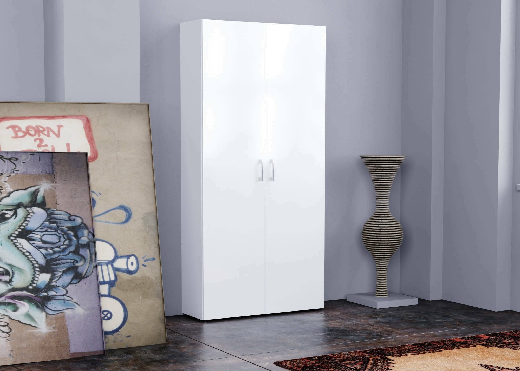 Scarpiera Actra, Made in Italy, a 2 ante e scaffali interni, Portascarpe da ingresso, Mobile multiuso, cm 91x33h190, colore Bianco lucido