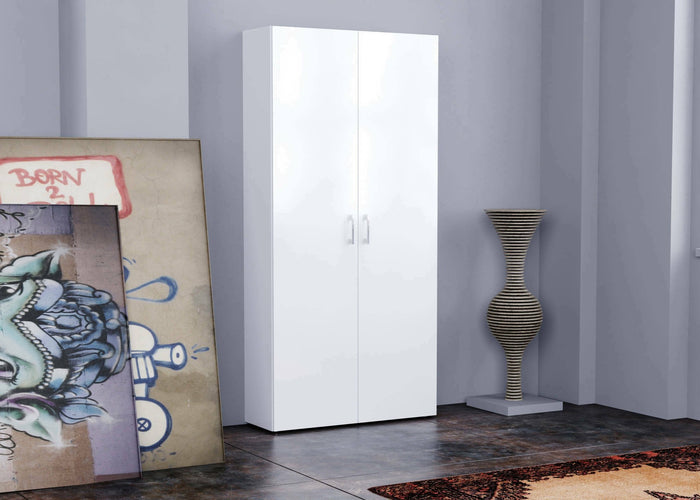 Scarpiera Actra, Made in Italy, a 2 ante e scaffali interni, Portascarpe da ingresso, Mobile multiuso, cm 91x33h190, colore Bianco lucido