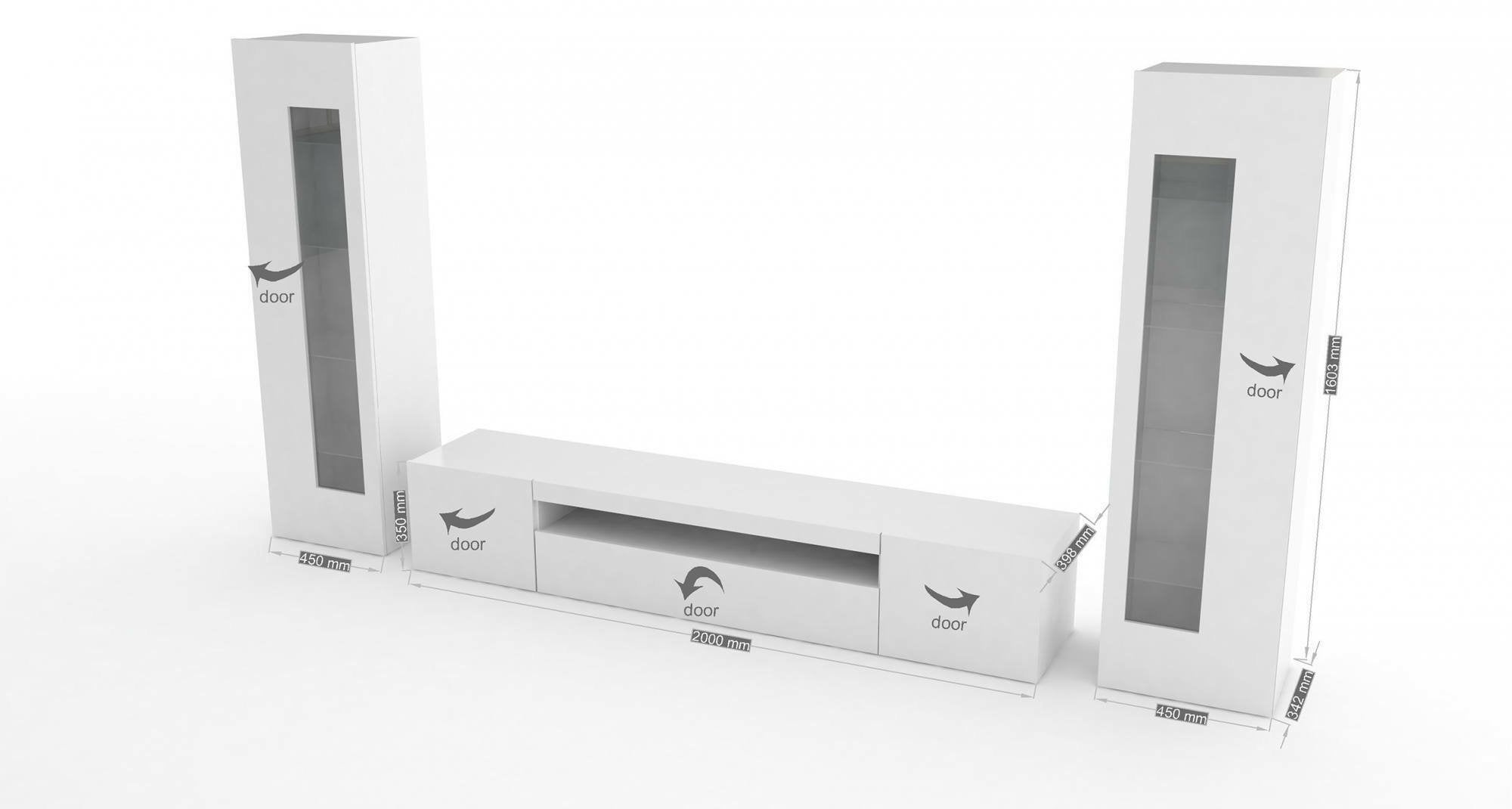 Parete attrezzata da soggiorno Aslhey, Made in Italy, Mobile porta TV, Set salotto moderno, cm 300x40h162, Bianco lucido, con luce LED blu