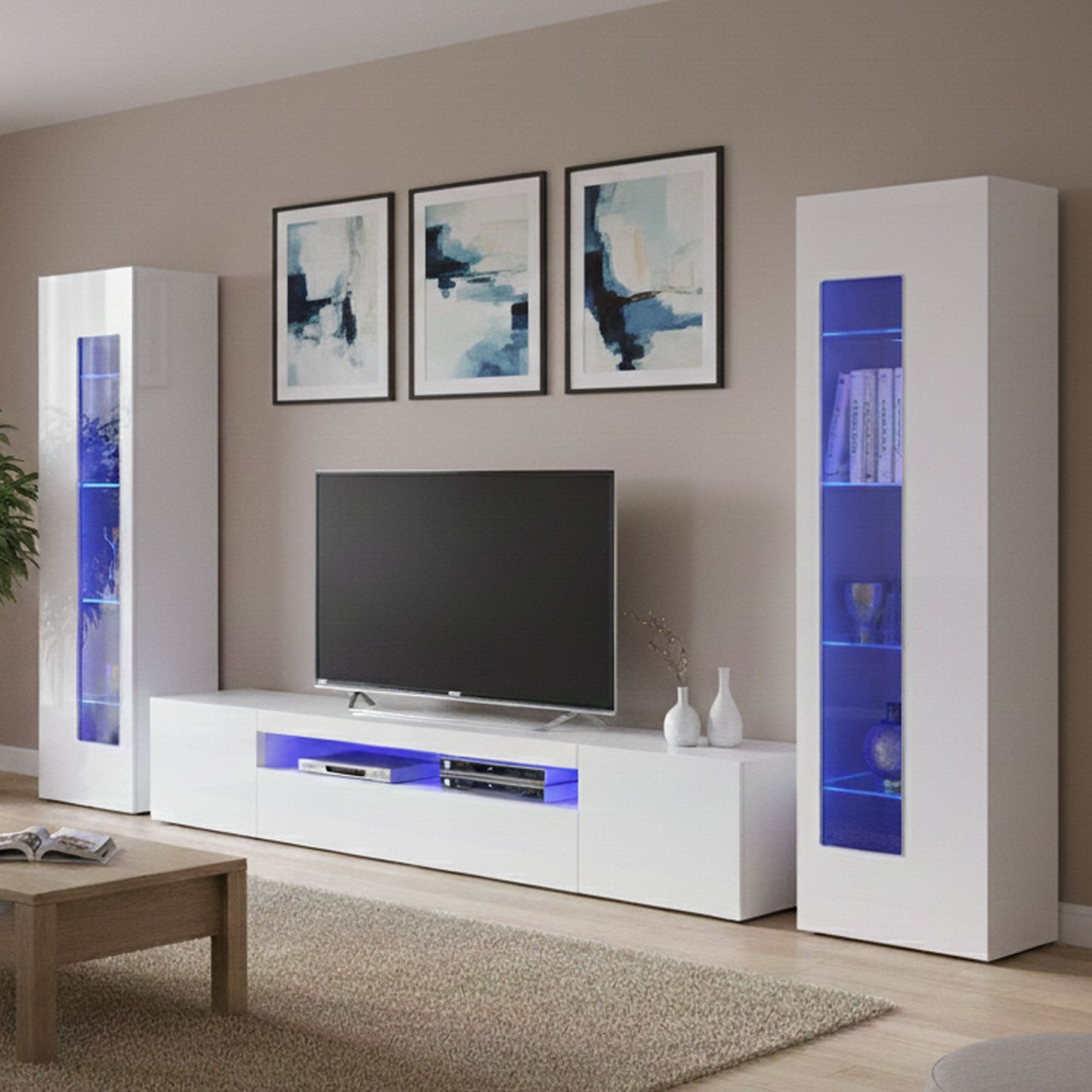 Parete attrezzata da soggiorno Aslhey, Made in Italy, Mobile porta TV, Set salotto moderno, cm 300x40h162, Bianco lucido, con luce LED blu