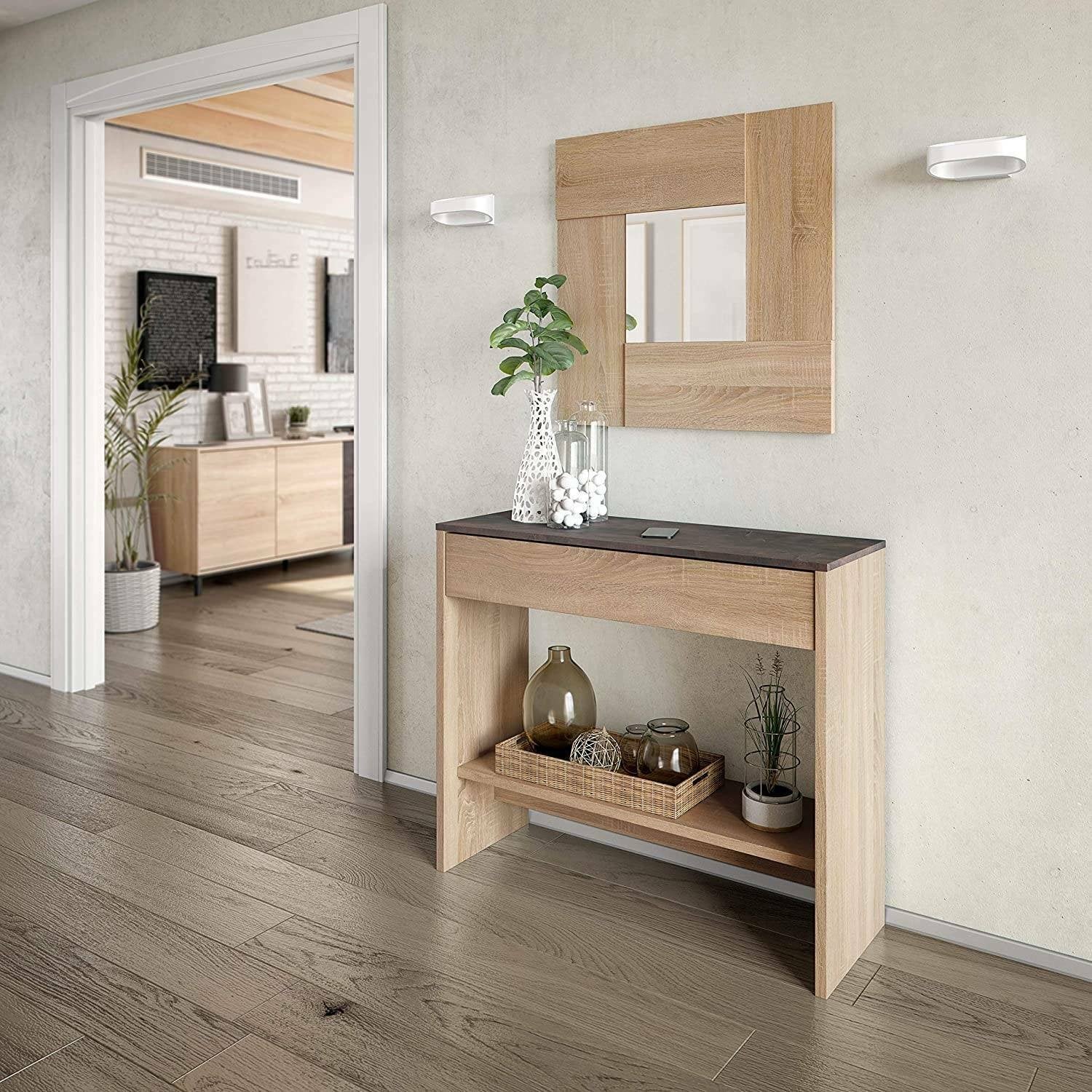 Mobile da ingresso Alwin, Entratina con specchio, Mobile con cassetto e ripiano per entrata, Armadio moderno per atrio, cm 92x33h149, Rovere e Noce